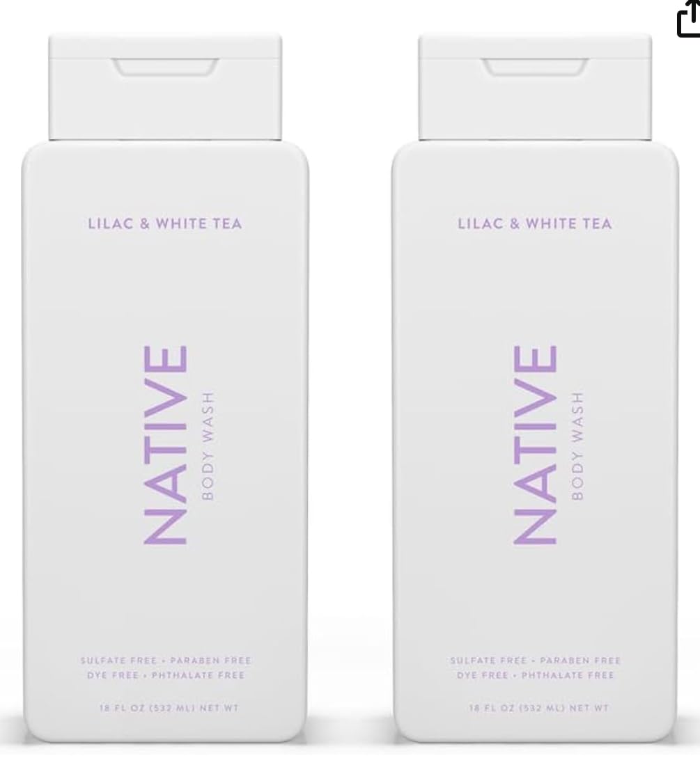 Native Body Wash Naturally Derived Ingredients Sulfate Paraben & Dye Free Women Men Soft Hydrating Lilac & White Tea 18