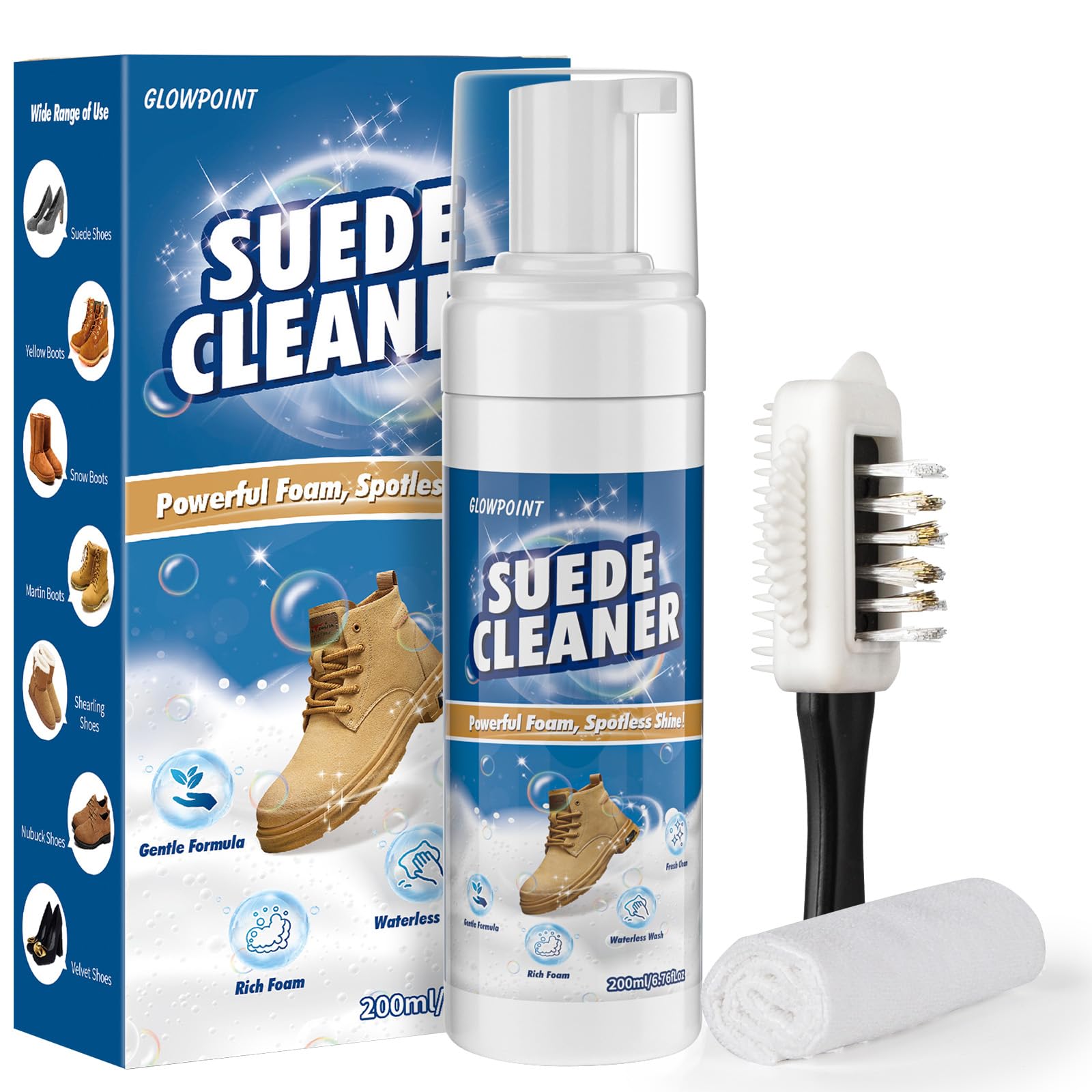 GLOWPOINT Suede Shoe Cleaner, Effective Stain Remover for Boots and Leather, Soft Brush & Towel Included, 6.76Oz
| GLOW